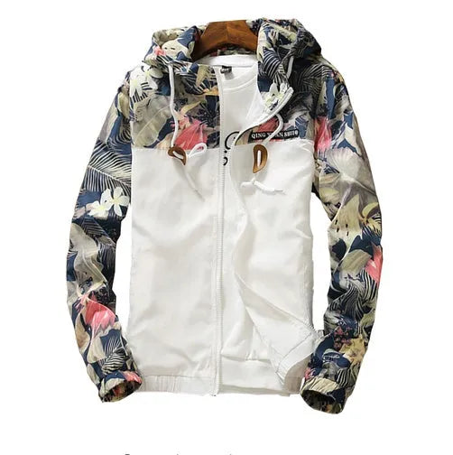 Men's light floral print hooded jacket in black with zipper and side pockets