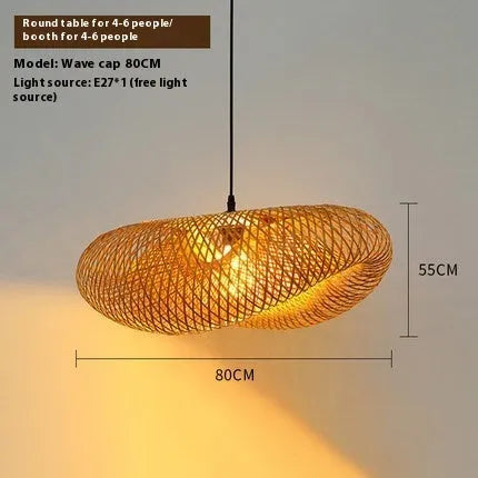 Bamboo woven straw hat-shaped hanging pendant lamp with warm white light.
