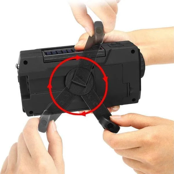 Pocket solar radio in engineering plastic, waterproof, solar charging, available in green, red, white, and yellow.