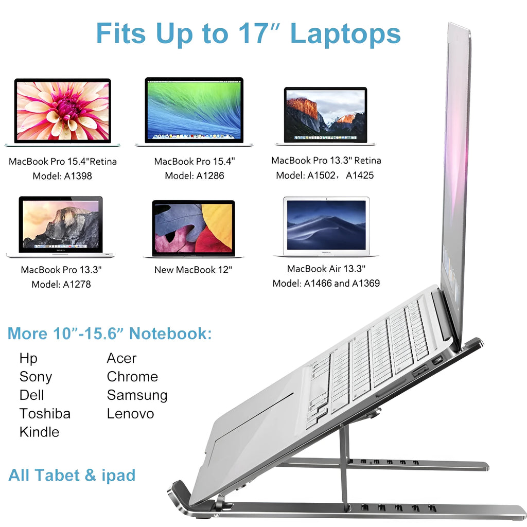 Silver aluminium laptop stand open at an angle next to a closed laptop.