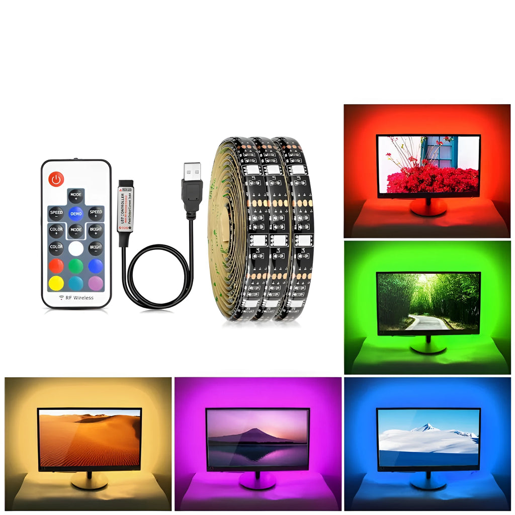 Flexible LED strip light bent into shape, showing individual beads and adhesive backing, next to a TV remote.