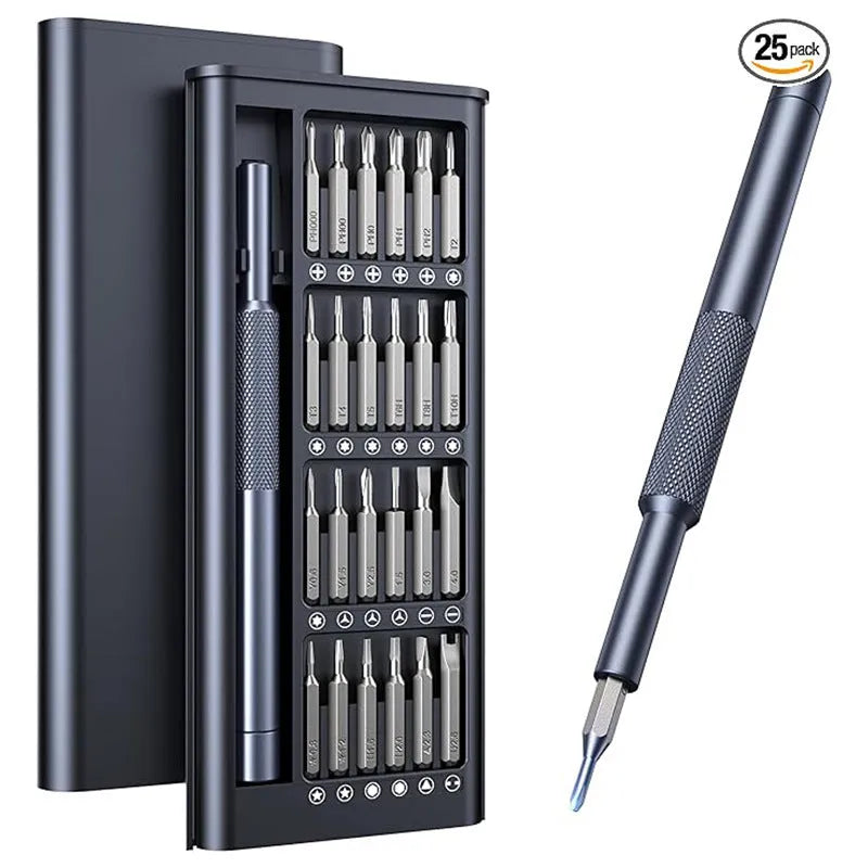 25-in-one precision screwdriver set with magnetic tip and knurled black handle, 110mm long.