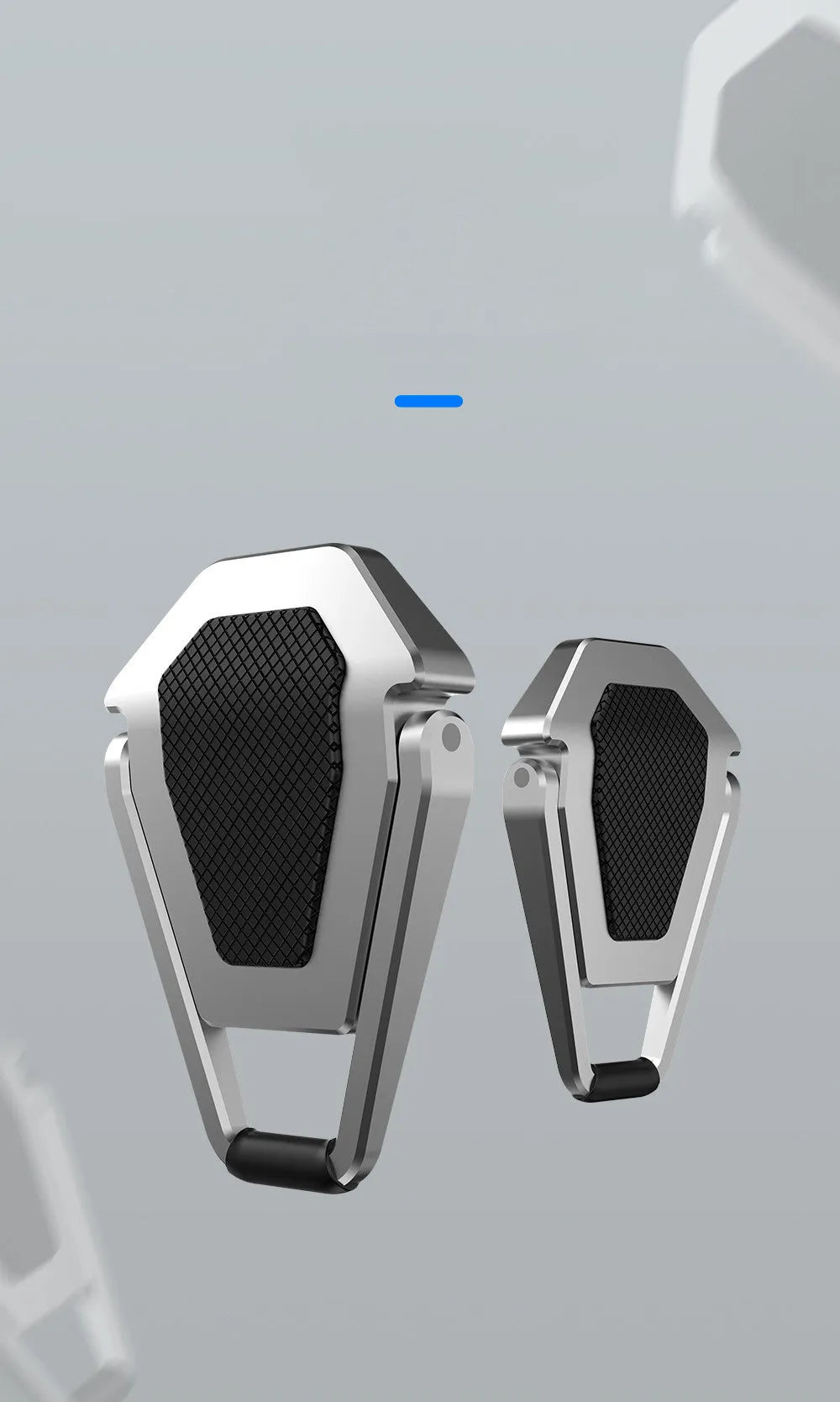 Two black and silver zinc alloy metal foldable tablet computer cooling brackets on a desk, 4.8cm size