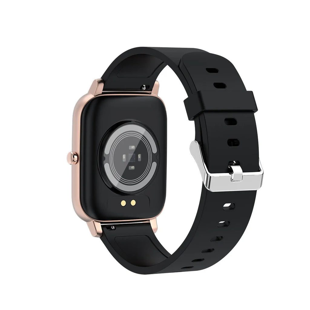H80 black smartwatch on wrist showing heart rate and time on its 1.69-inch spherical glass screen.