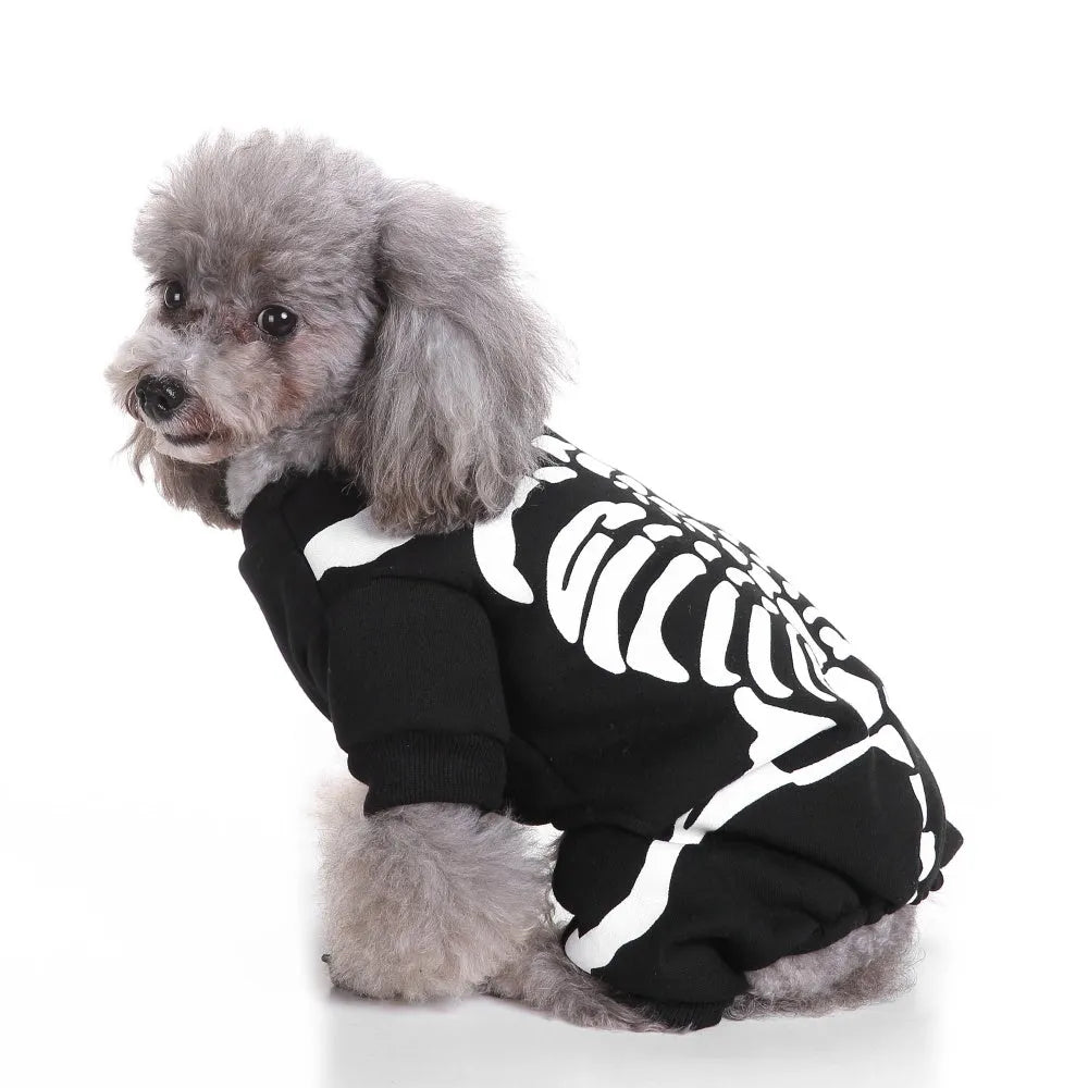 Black dog skeleton frame costume on a dog, polyester fabric, Halloween outfit