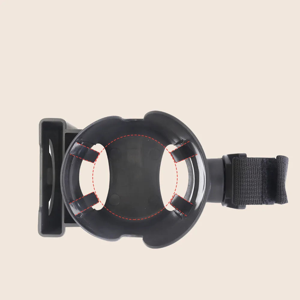 Black ABS cup holder and mobile phone stand set for pram or trolley, holding a cup and phone.