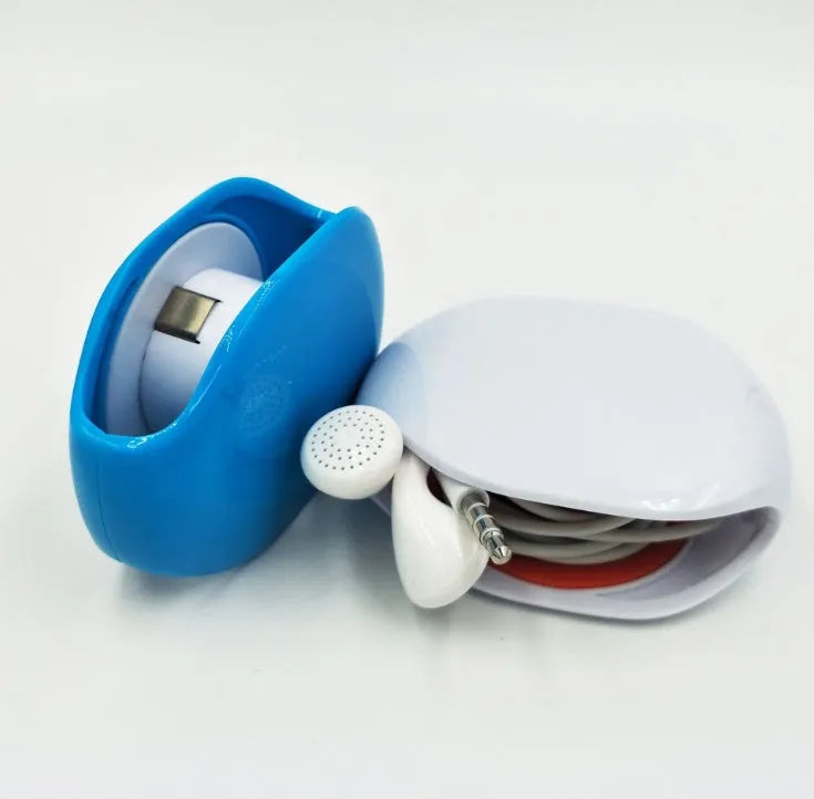 Compact automatic earphone winder in multiple colours on a grey background, showing extended cable.