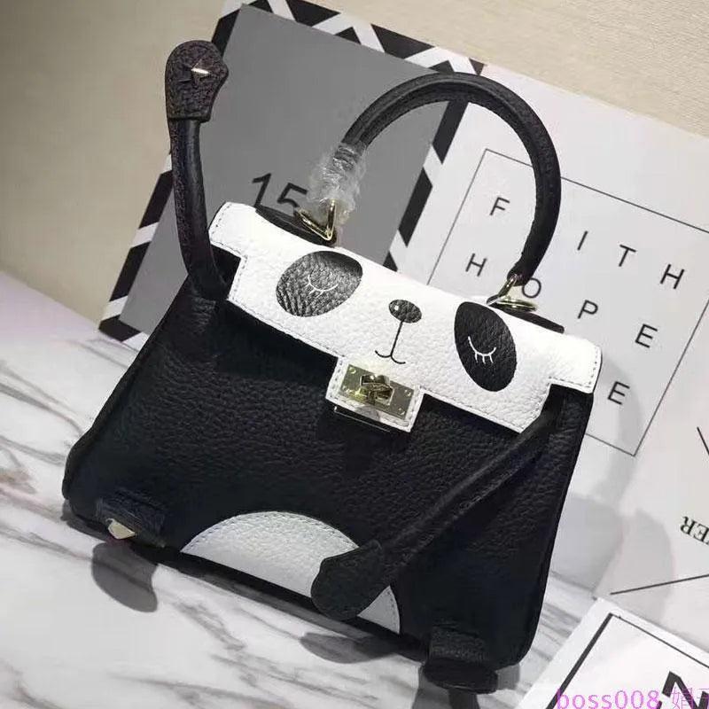 Panda print on a structured horizontal square leather handbag made from first-layer cowhide, shown in two size options.
