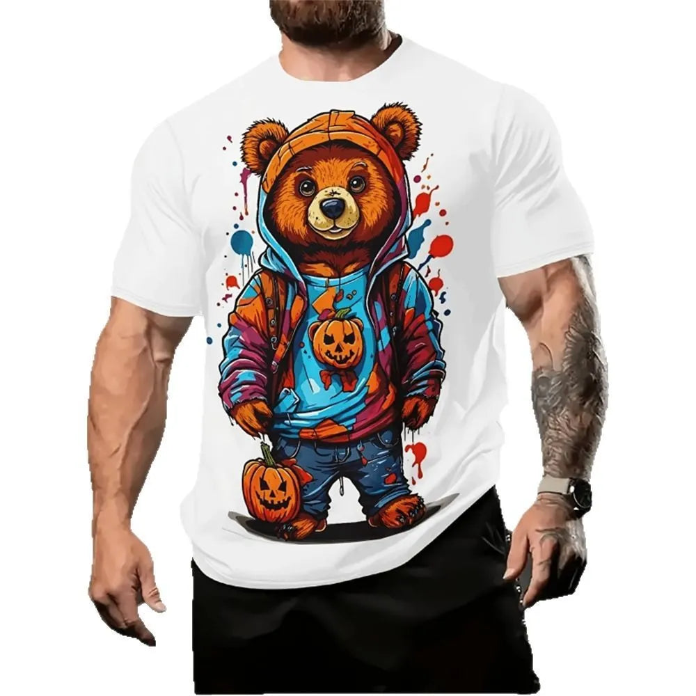 Men's loose fit T-shirt with 3D cartoon graphic print in linen-milk silk blend fabric for summer wear
