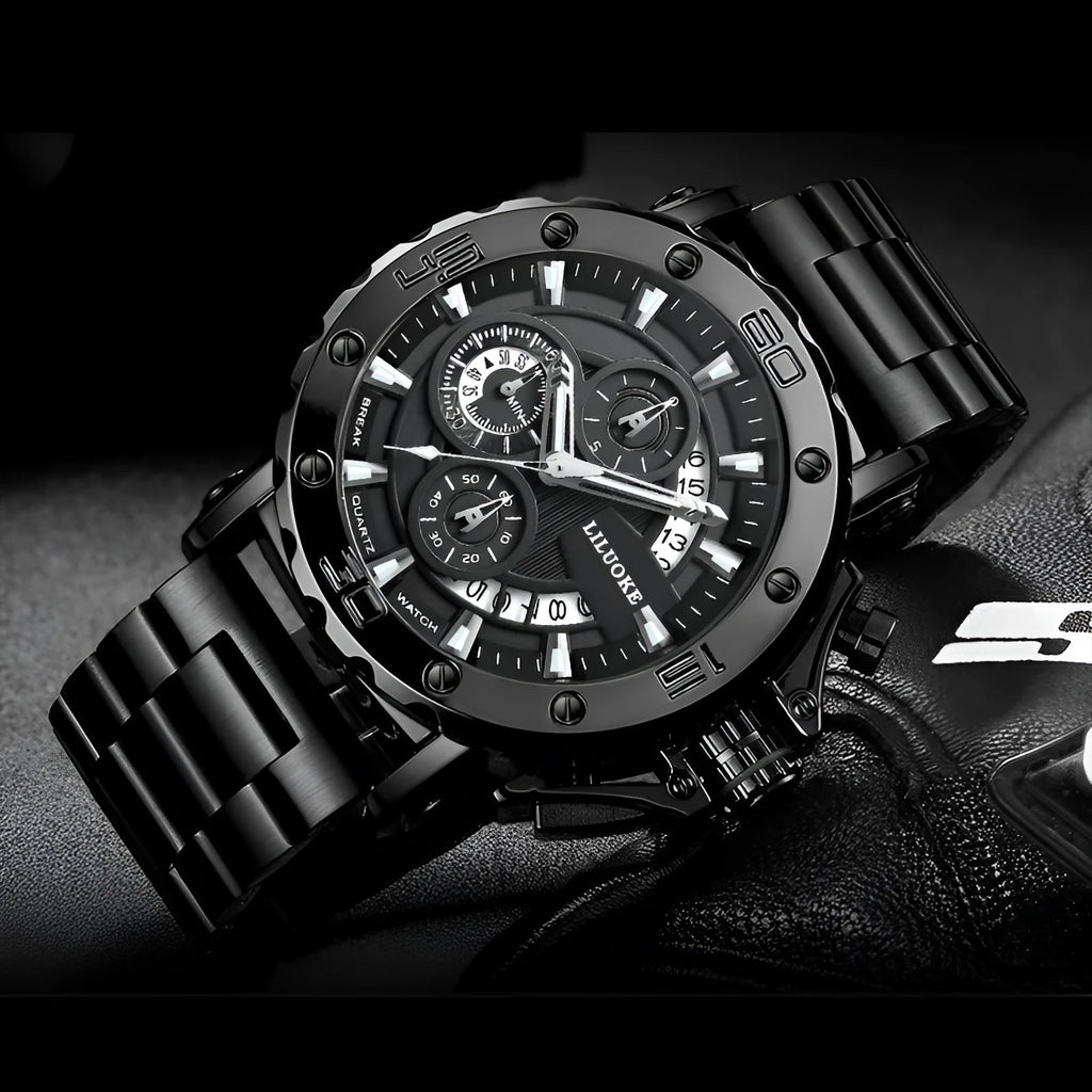 Men's thick luminous waterproof quartz watch with stainless steel strap and black round dial, 30m water resistant, 14.8mm case.