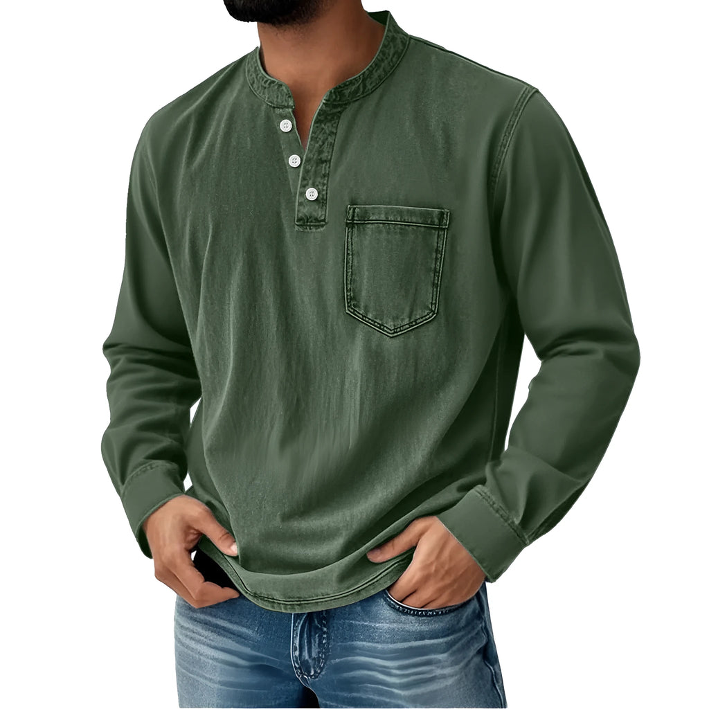 Printed three-button long-sleeve T-shirt for young men, slim fit polyester casual top, sizes XS to 5XL