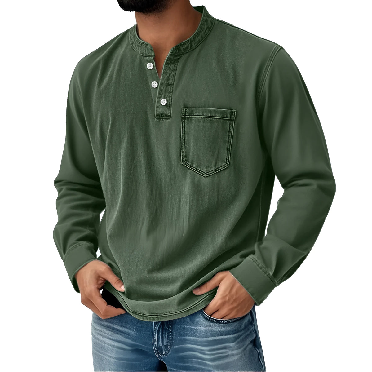 Printed three-button long-sleeve T-shirt for young men, slim fit polyester casual top, sizes XS to 5XL