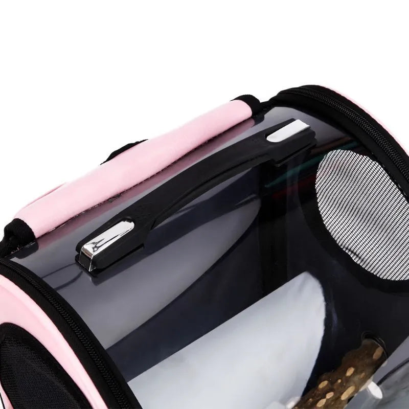Foldable porous breathable pet bag with geometric pattern for parrots, shown in blue, brown, pink, or red