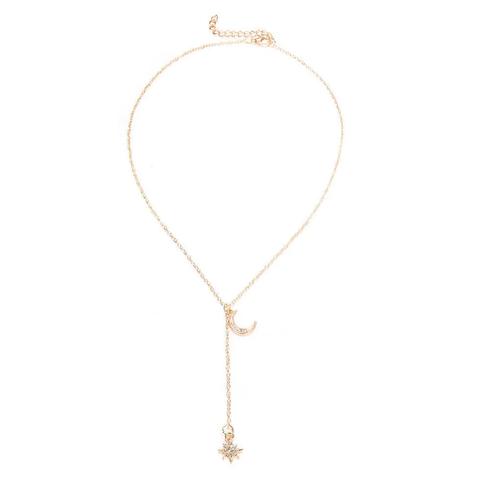 Retro moon sun star pendant necklace on snake bone chain, gold plated finish