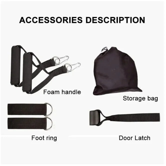 Rally resistance band fitness equipment set with colour-coded latex pull ropes, handles, foot rings, and door buckle