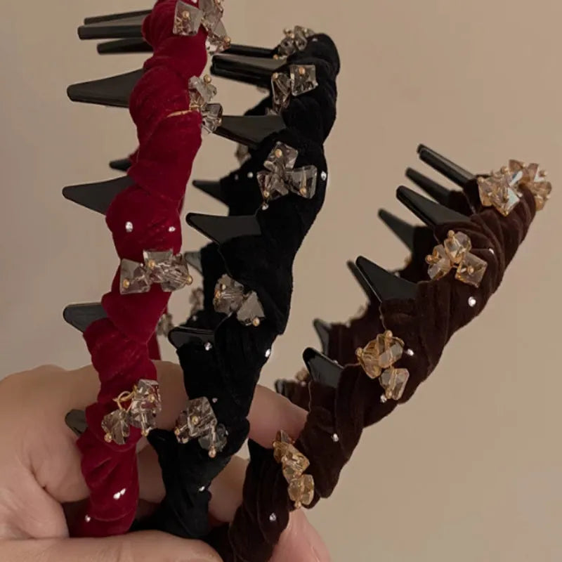 French velvet crystal hairband with high-head non-slip design in wine red, black, coffee colour options