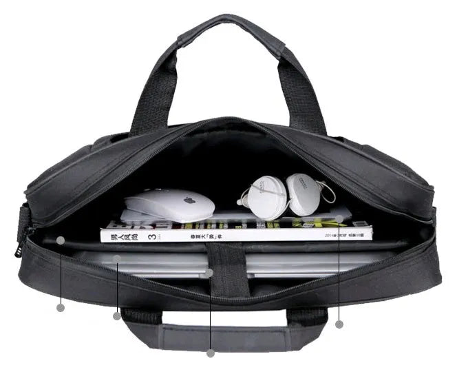 Black waterproof polyester laptop bag with diagonal shoulder strap, suitable for 15.6-inch laptops