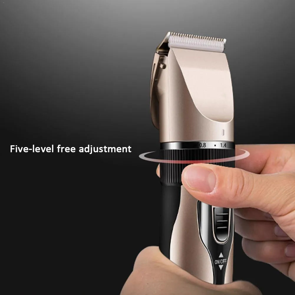Golden cordless pet grooming clipper, 180mm x 45mm, with ceramic titanium blade, four guide combs and EU plug charger