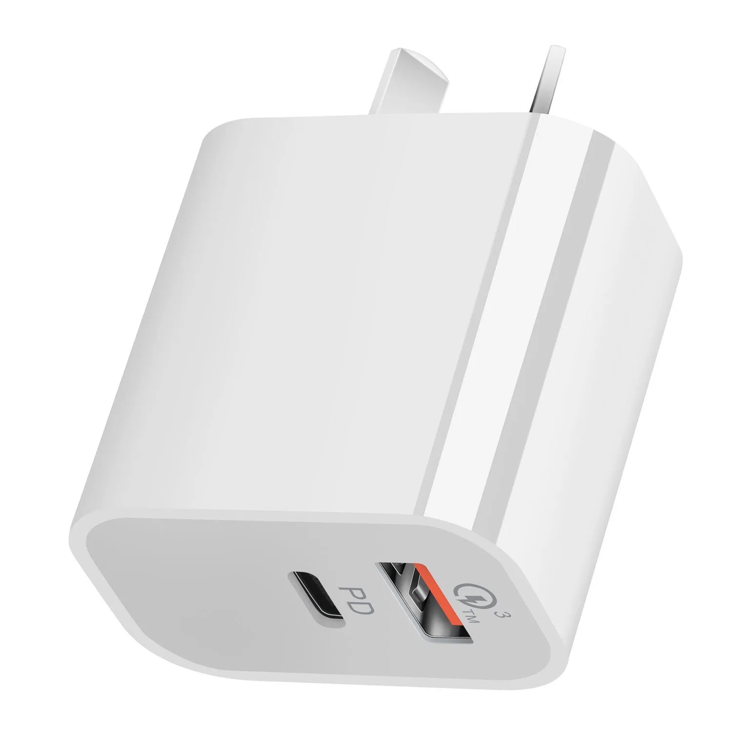 White Australian dual port USB charger with Type-A and Type-C interfaces