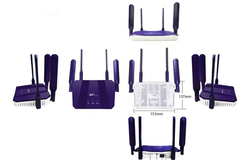 Blue 4G and wired dual-mode internet router with four external adjustable antennas.