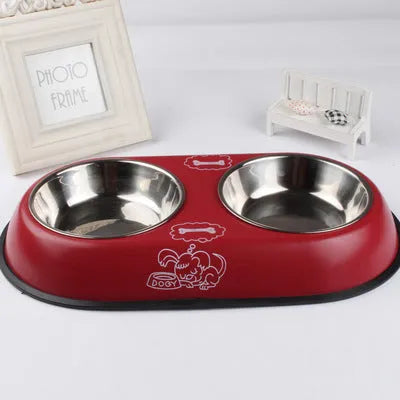 Stainless steel double dog bowl with non-slip base, two 10-10.9cm bowls, in Apricot beige, Blue flower or Wine Red