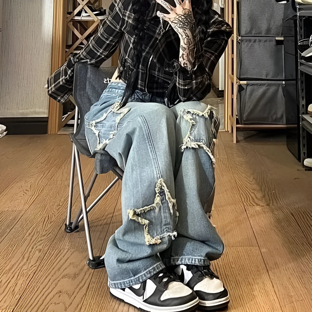 Blue high-waist straight-leg women's jeans on a model, showing the front and side fit.