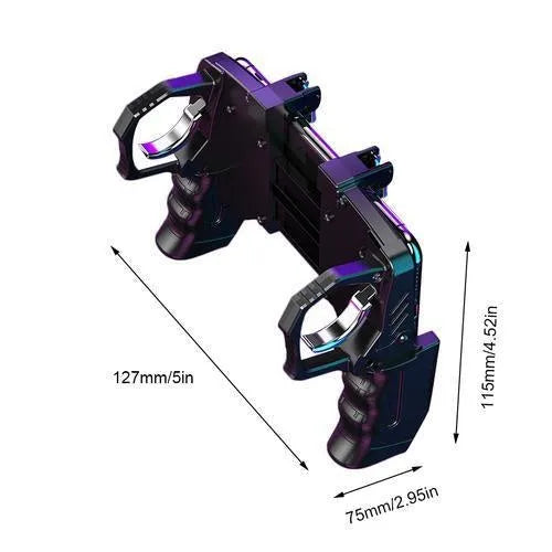 Black multi-function gamepad for PUBG Mobile with integrated phone holder and ergonomic handle design