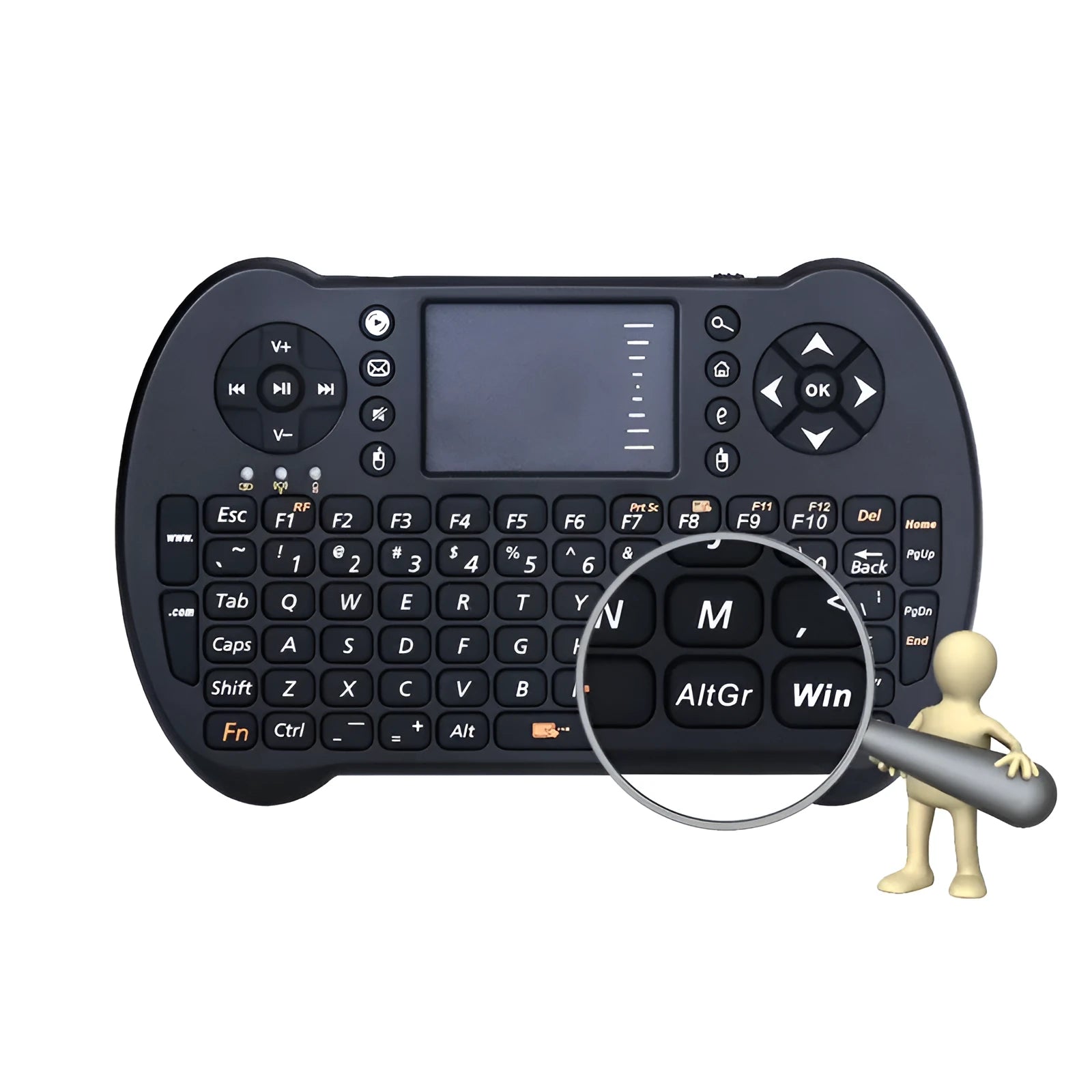 Black wireless QWERTY keyboard air mouse combo with touchpad, 146.8x97.5x19mm, on a table