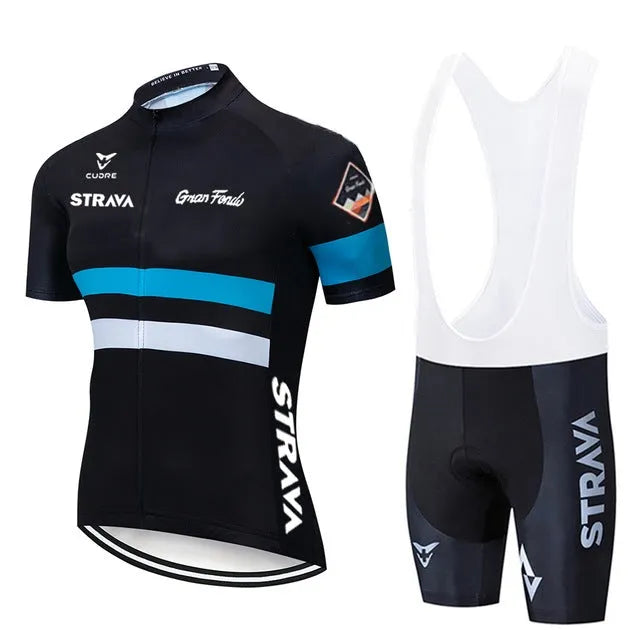 Men's cycling jersey and bib shorts set with COOLMAX gel pad, polyester and lycra, sizes XS to 4XL