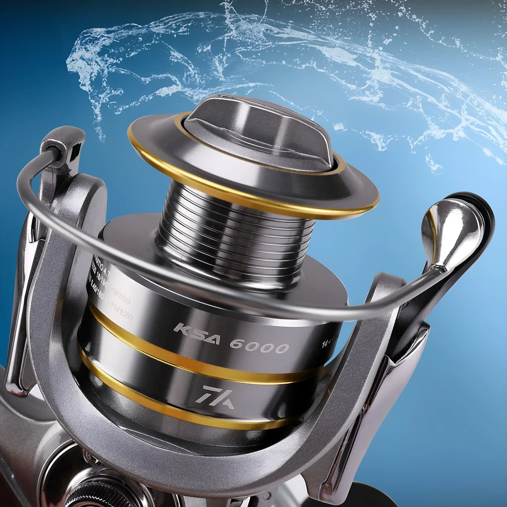 Silver sub fishing line wheel with metal body, folding rocker arm and copper gear bar, sizes KSA1000 to KSA5000.