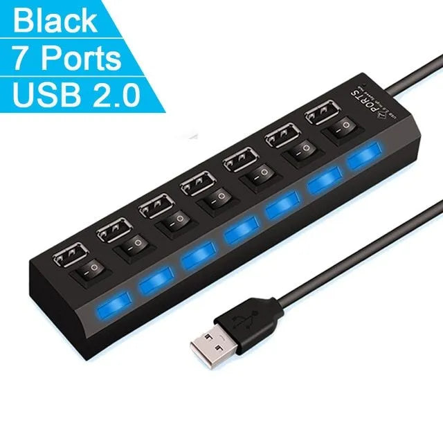 Black and white USB hub for laptops with 4 or 7 ports, no external power required