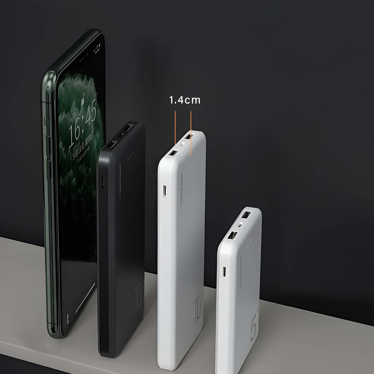 Ultra-thin 10000mAh power bank with multi-port output, in black