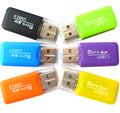 Mini USB TF and SD card reader showing USB-A plug and card slots, measuring 4.5cm.