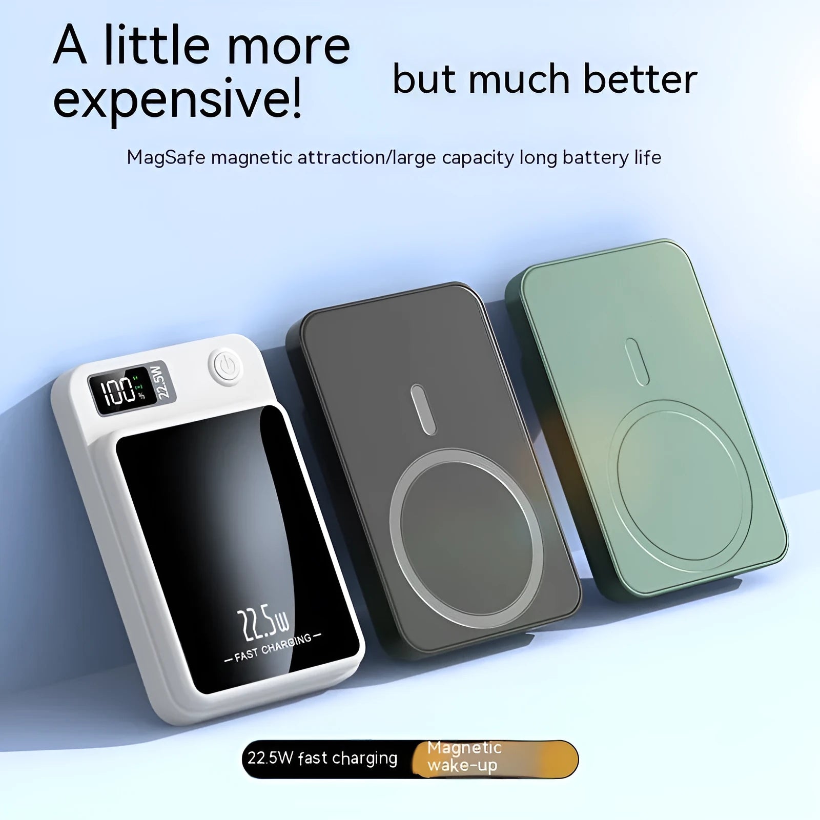 Magsafe wireless power bank in industrial style with plastic shell showing black, green, purple and white colour options