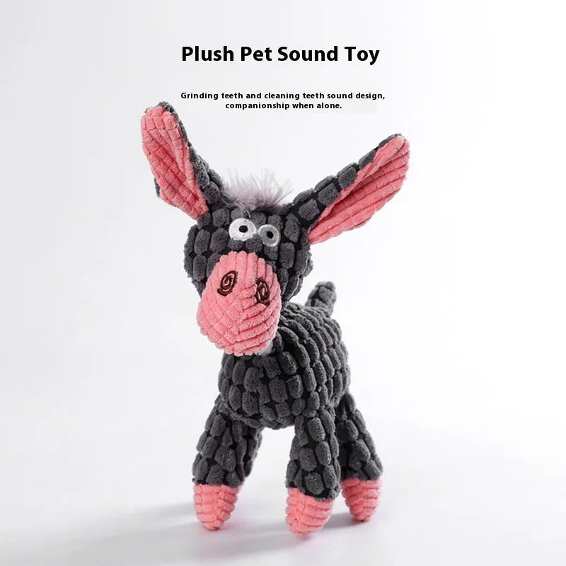 Assortment of bite-resistant plush pet toys including a donkey, a rechargeable duck, and animal companions.