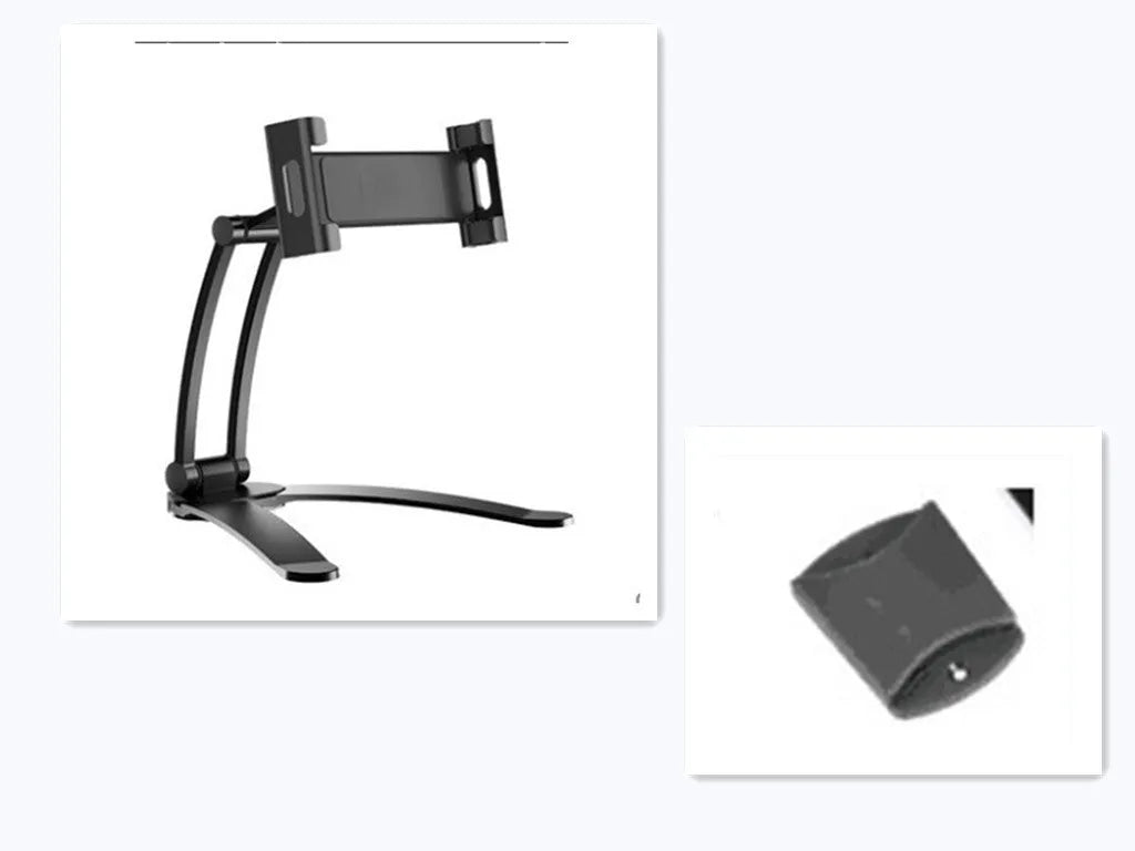 Silver aluminium alloy desktop tablet stand holding a tablet, showing its 360-degree rotation and adjustable chuck mechanism.