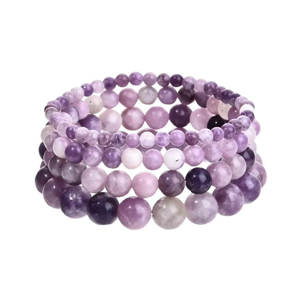 Purple geometric stone beads on elastic bracelet, shown with size options from 4mm to 10mm diameter