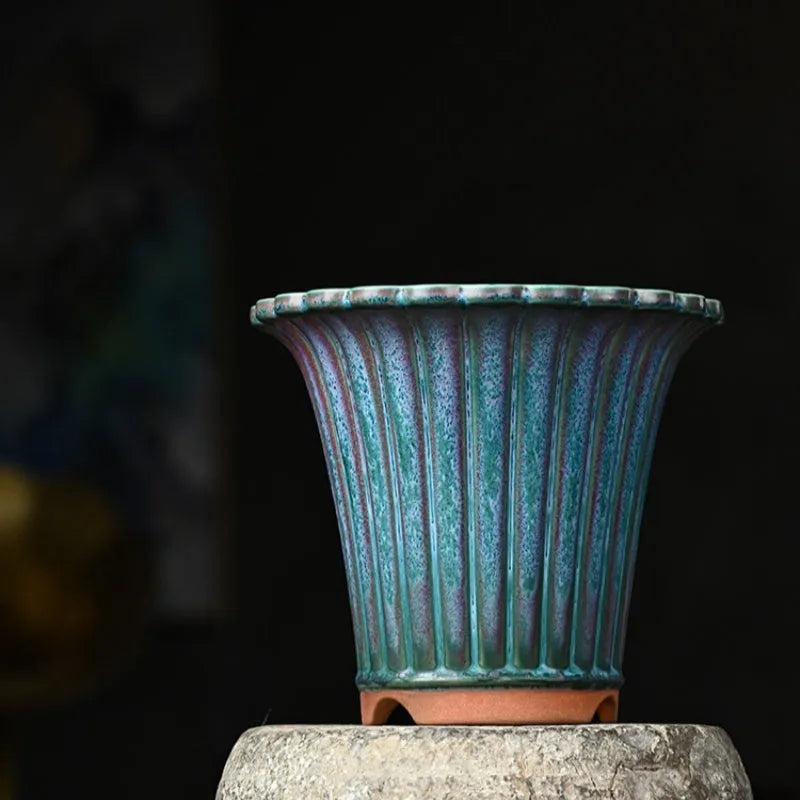 Limited Edition Jun Porcelain Colourful Glaze Spring Cymbidium Faberi Lotus Petal Orchid Ceramic Pot