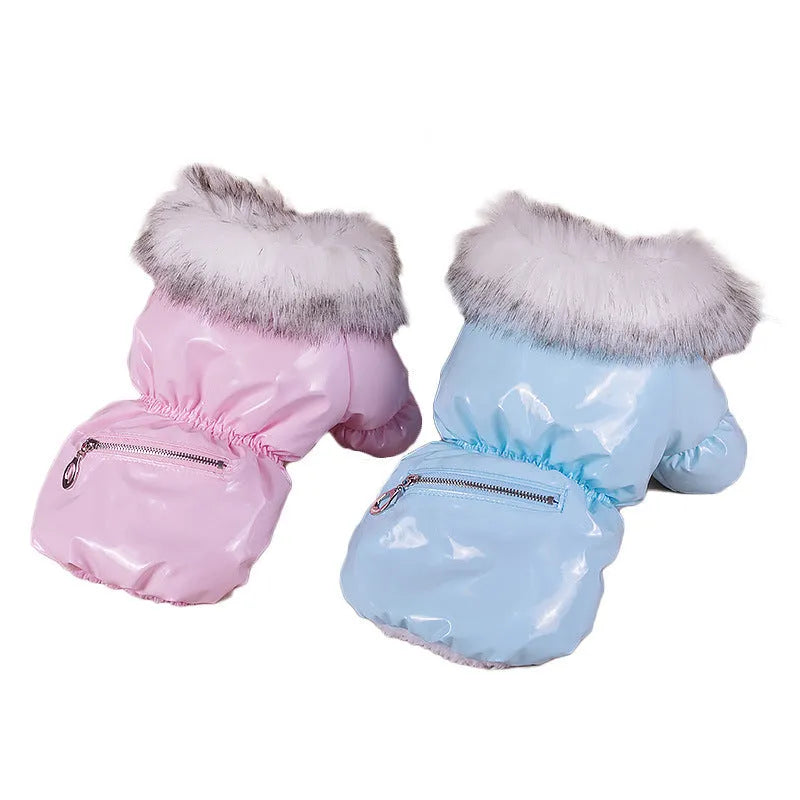 British-style blue cotton winter jacket for dog on wooden background