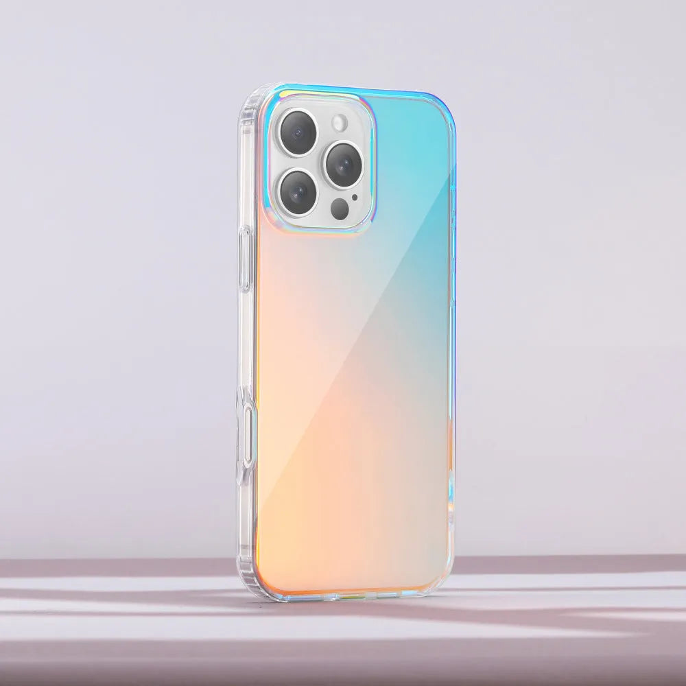 Glossy transparent magnetic iPhone case with colour-changing chameleon finish on a smartphone.