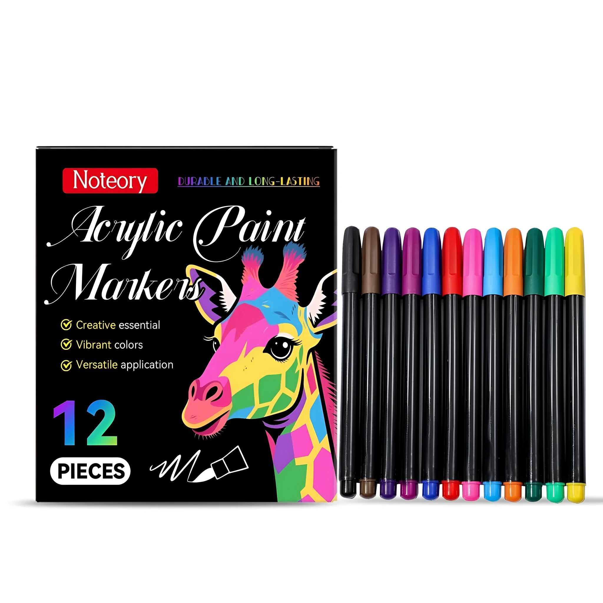 Set of 12 acrylic paint markers for craft and decoration on various surfaces.