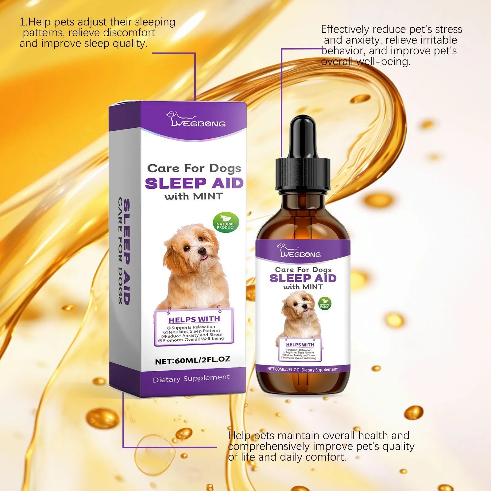60ml bottle of Dog Sleep Drops for canine night sleep care, showing 3.3cm diameter.