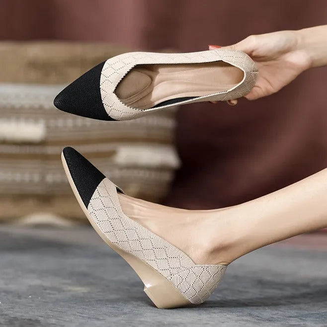 Women's wedge knit casual shoes in flyknit design with a mid heel, shown in multiple colour options.