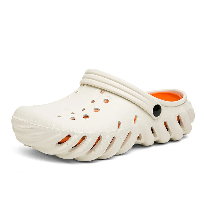 Men's beige EVA slipper sandals with hollow-out design and non-slip sole, shown from a side angle.