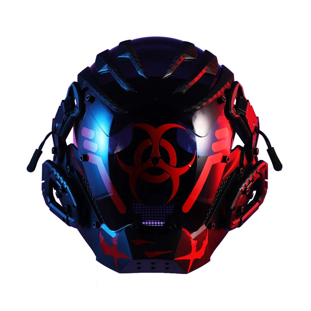 Black full-face polymer helmet with tech design, shown on a stand against a dark background.