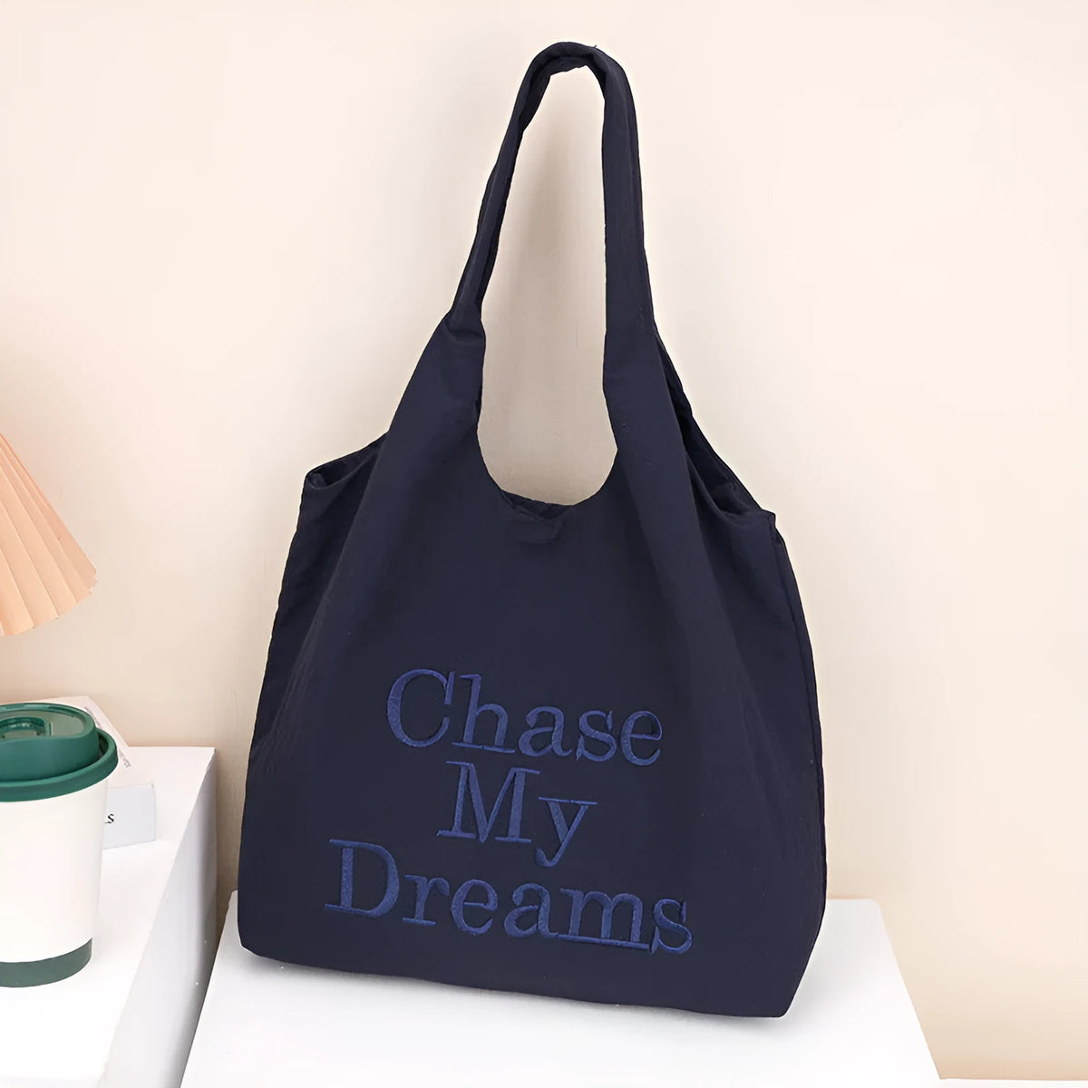 Korean-style 3D Letter shoulder bag with minimalist embroidery in nylon, available in four colours