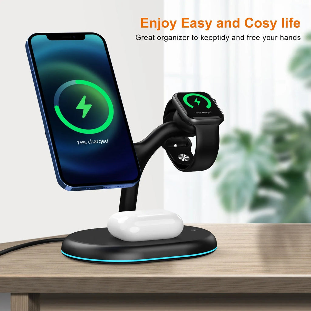 Black square three-in-one magnetic wireless charger for iPhone, Apple Watch, and AirPods on a desk
