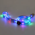 Rechargeable LED luminous pet collar and nylon traction belt set in black with multicolour LED lights, USB charging port visible