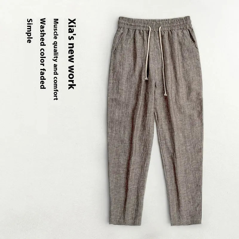 Men's striped cotton-linen summer trousers in cropped length with coffee, khaki, navy blue and white colour options