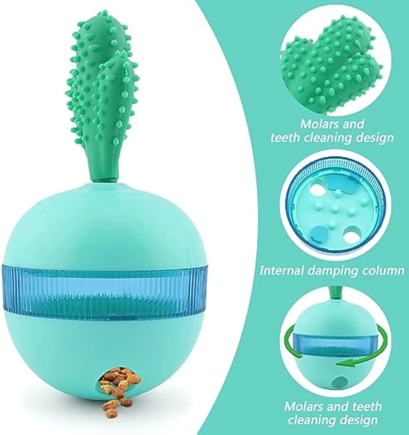Blue and green durable rubber interactive dog treat dispensing ball toy for medium large dogs